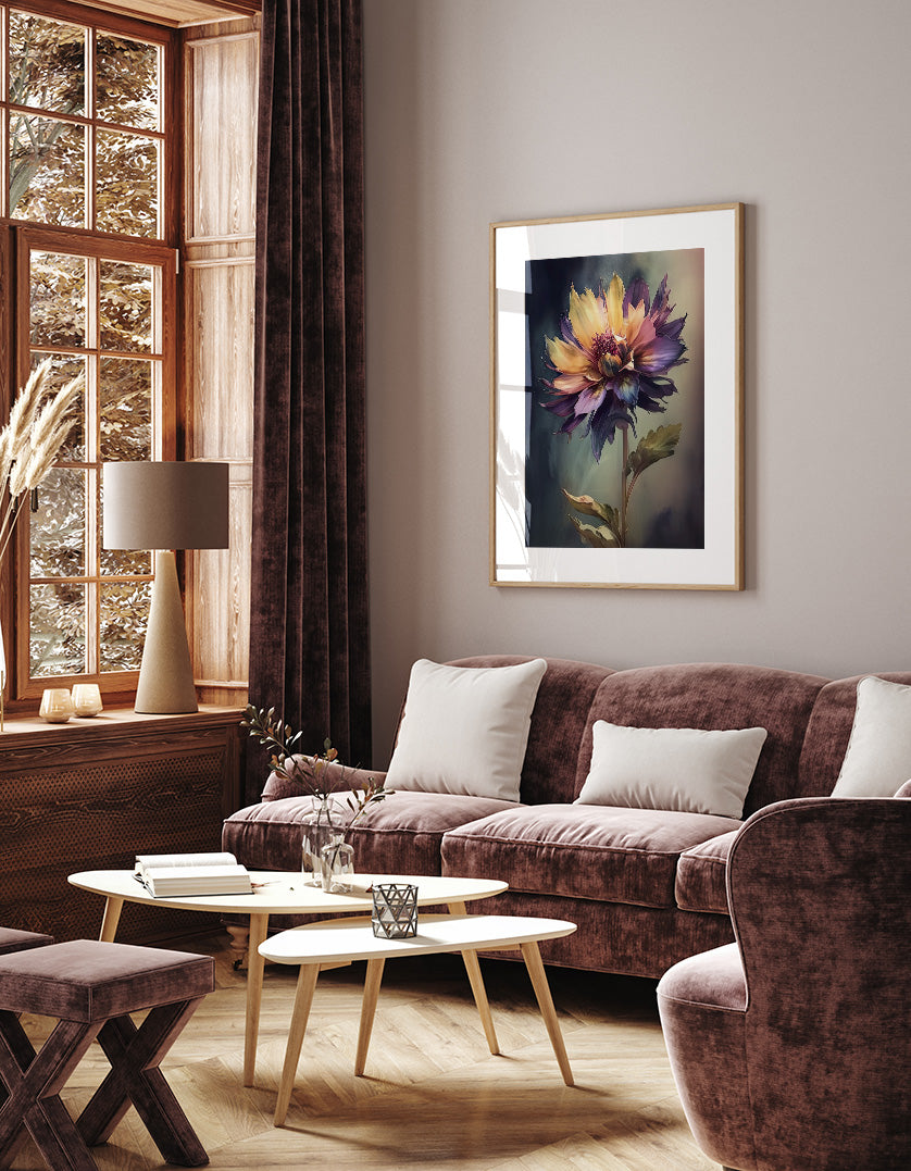 a cozy living room with a large window, a brown sofa, a wooden coffee table, and a framed painting of a colorful flower on the wall.
