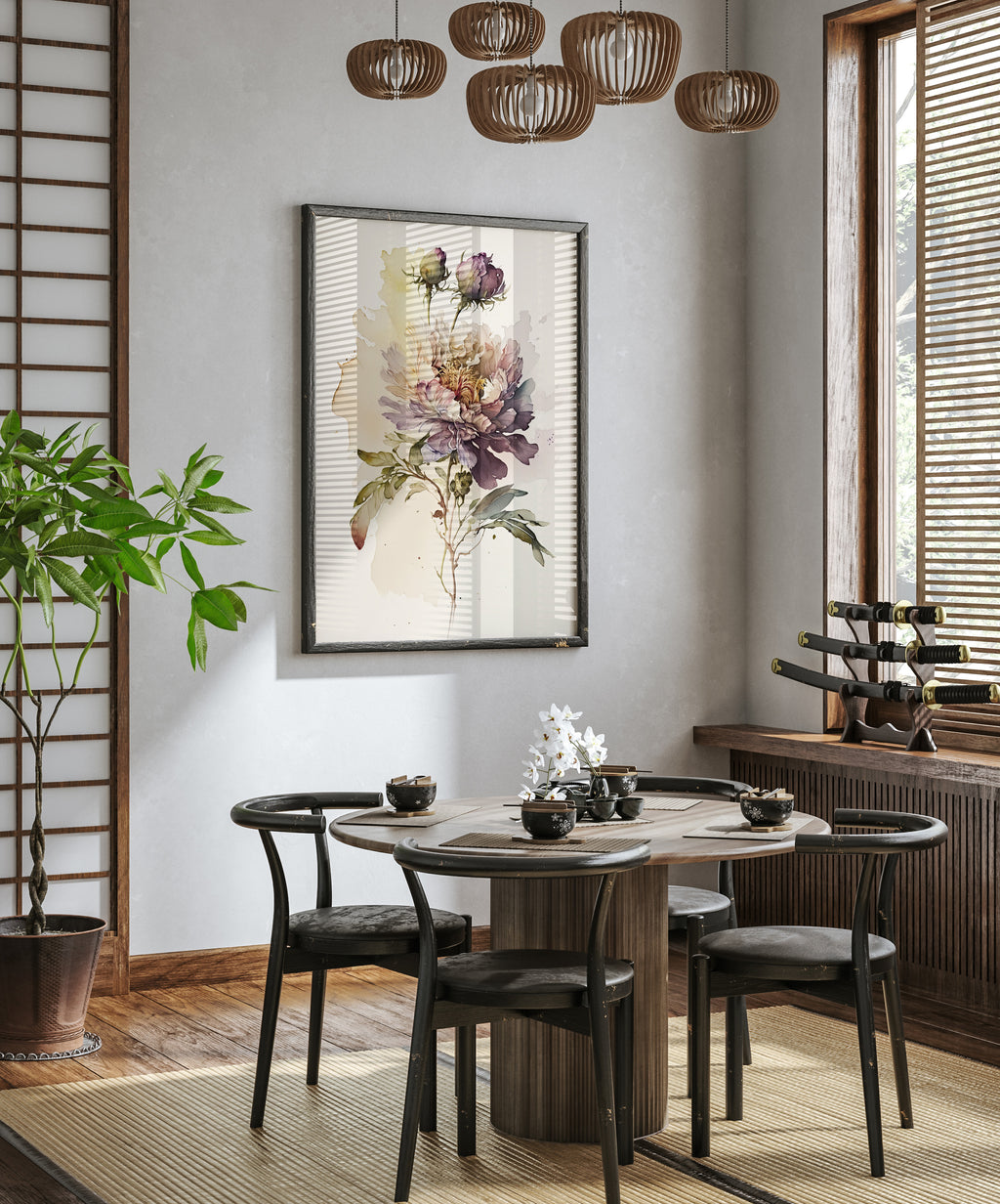 a modern dining room with a round wooden table surrounded by black chairs. A large floral painting hangs on the wall above the table, and a chandelier hangs from the ceiling. The room is decorated with various plants and other decorative elements, creating a cozy and inviting atmosphere.