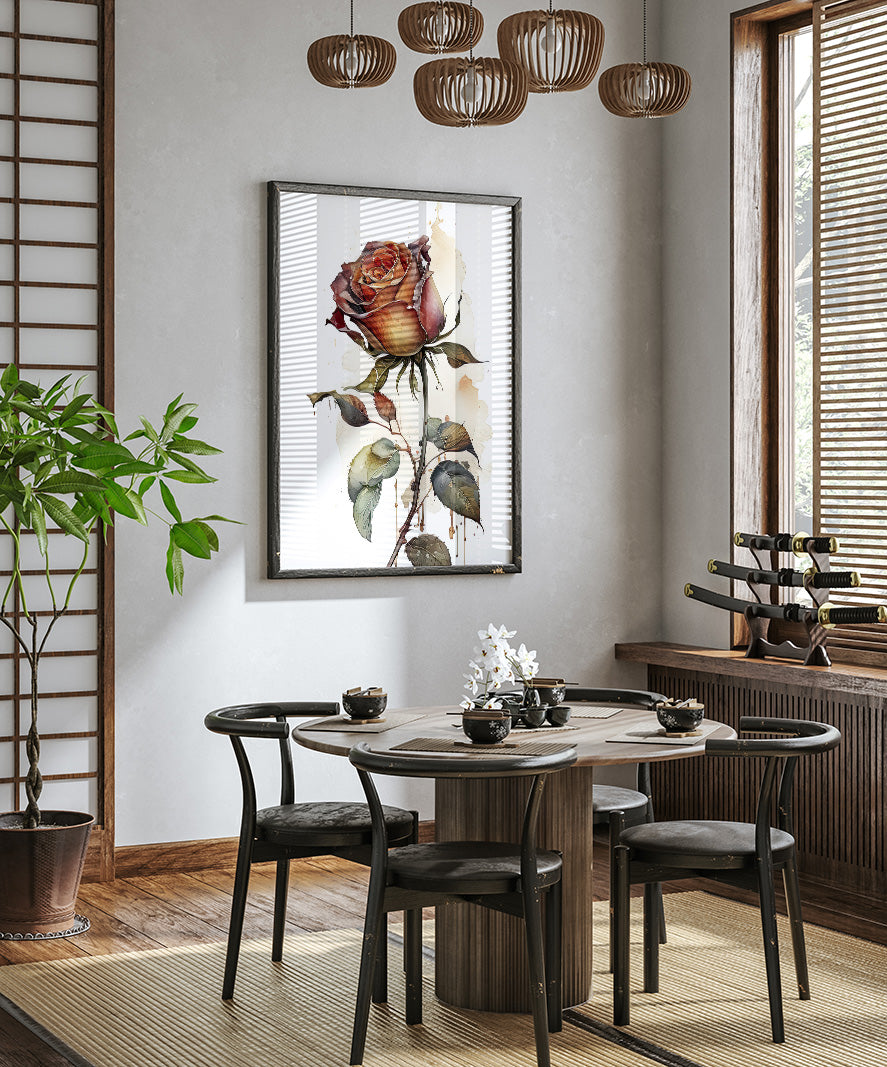 a modern dining room with a wooden table and chairs, a large framed rose painting on the wall, and a potted plant in the corner.