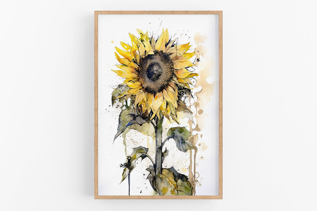 The image is a framed watercolor painting of a vibrant yellow sunflower with a brown center, surrounded by green leaves.