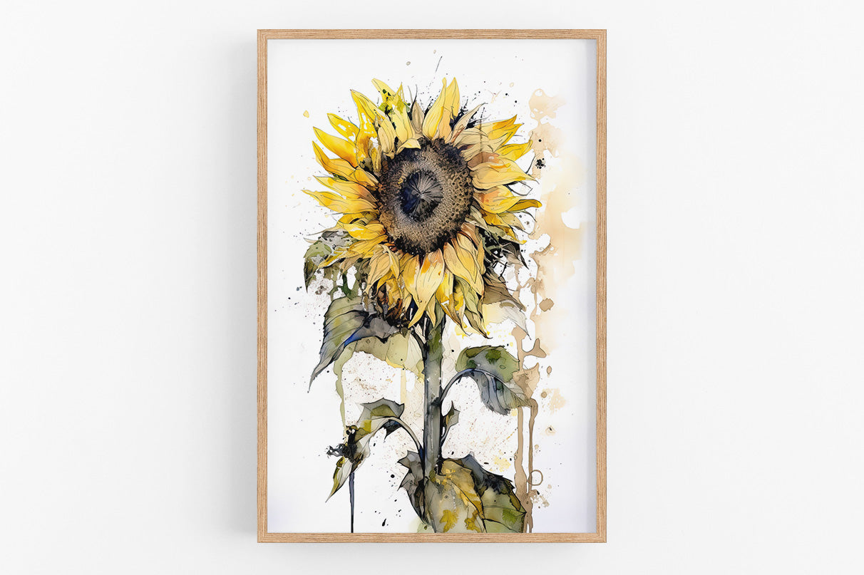 The image is a framed watercolor painting of a vibrant yellow sunflower with a brown center, surrounded by green leaves.