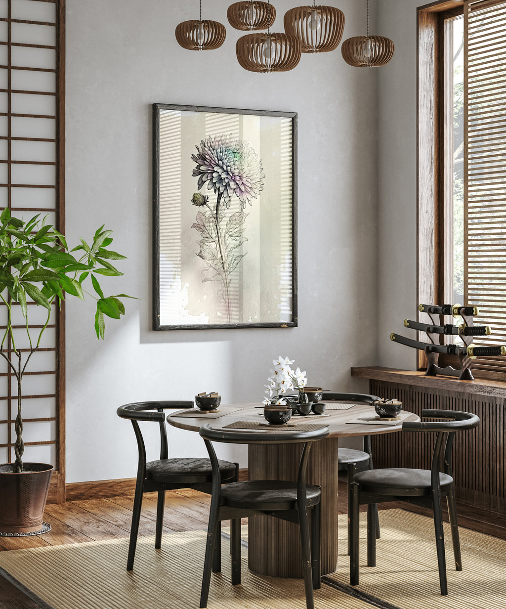 a modern dining room with a round wooden table, black chairs, and a large floral artwork hanging on the wall above the table.