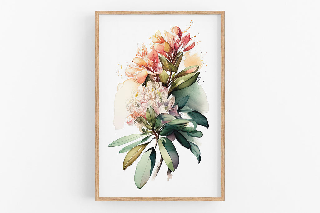 The image is a framed print depicting a vibrant floral arrangement with a variety of colorful flowers and lush green leaves.