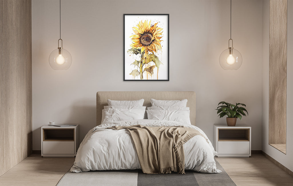 a serene and cozy bedroom with a large bed, white bedding, and a framed watercolor painting of a sunflower hanging above it. The room is illuminated by two pendant lights, creating a warm and inviting atmosphere.