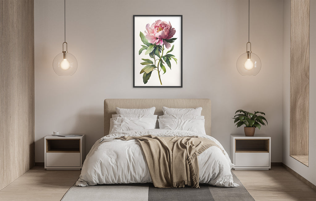 a serene and modern bedroom with a large bed, white bedding, and a framed painting of a pink peony hanging above it. The room is illuminated by two pendant lights, creating a warm and inviting atmosphere.