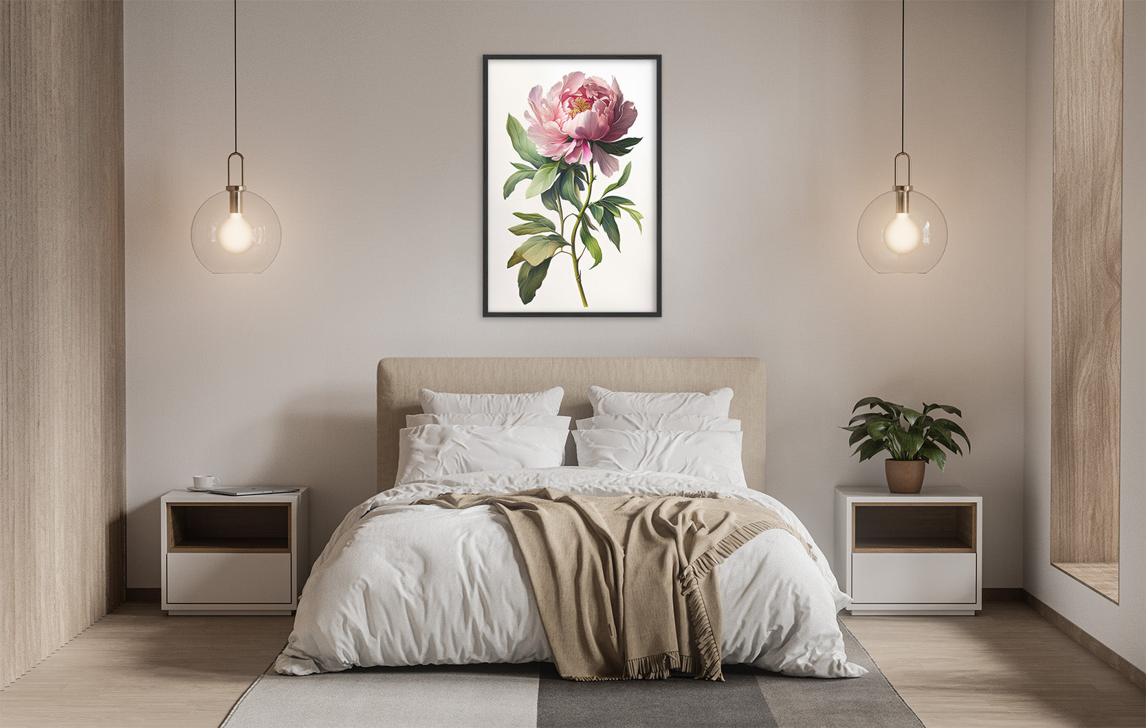 a serene and modern bedroom with a large bed, white bedding, and a framed painting of a pink peony hanging above it. The room is illuminated by two pendant lights, creating a warm and inviting atmosphere.