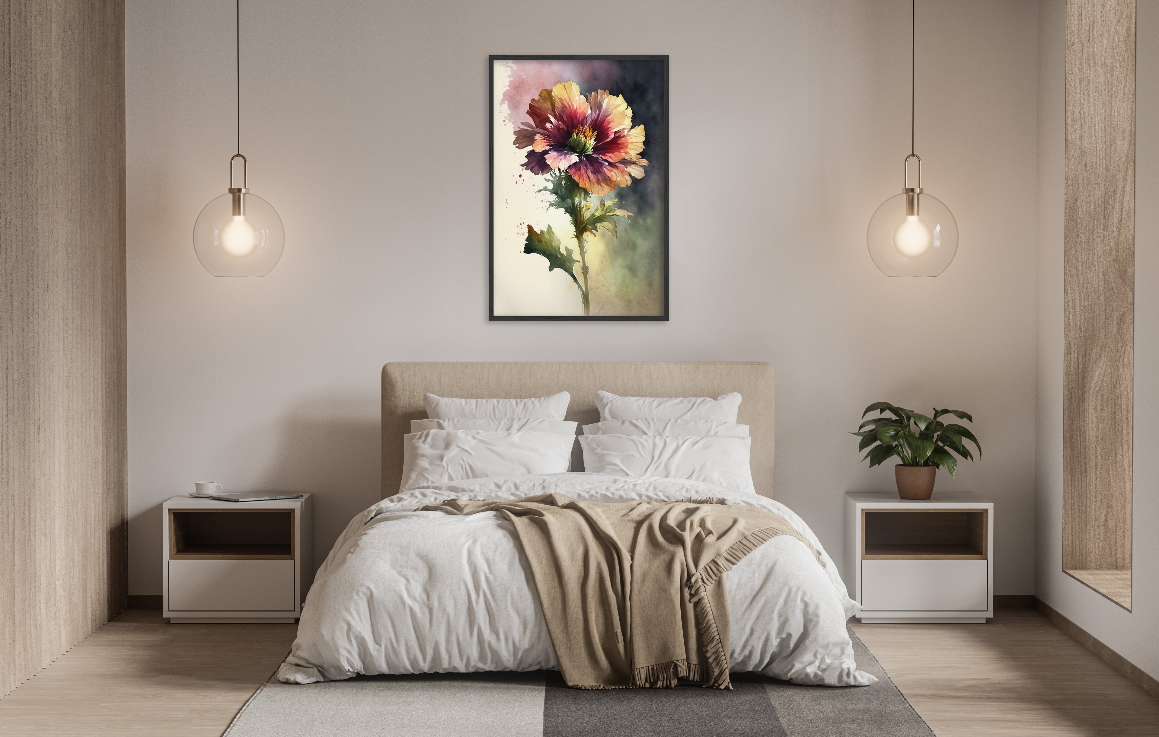 a serene and modern bedroom with a large bed, white bedding, and a framed painting of a flower hanging above it. The room is illuminated by two pendant lights, creating a warm and inviting atmosphere.