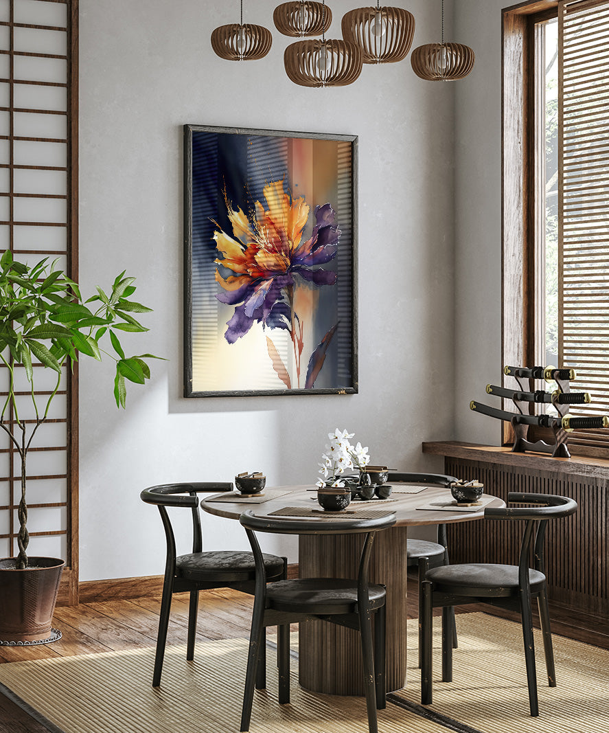 a modern dining room with a wooden table and chairs, a large floral painting on the wall, and a potted plant in the corner.