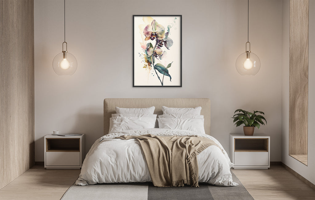 a serene and modern bedroom with a large bed, white bedding, and a framed painting of a flower hanging above it. The room is illuminated by two pendant lights, creating a warm and inviting atmosphere.
