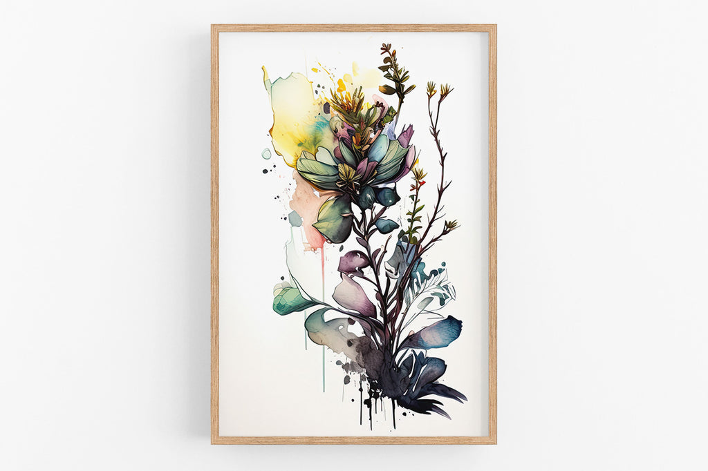 The image is a framed watercolor painting depicting a vibrant and colorful floral arrangement with various shades of green, purple, and yellow flowers and leaves.