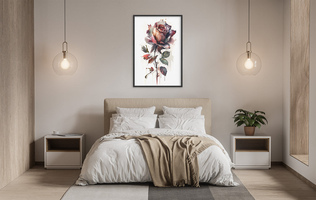 a serene and modern bedroom with a large bed, white bedding, and a framed painting of a rose hanging above it. The room is illuminated by two pendant lights, creating a warm and inviting atmosphere.