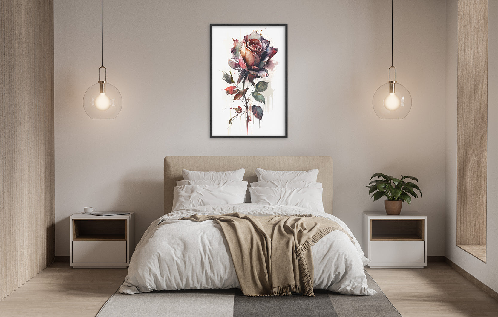 a serene and modern bedroom with a large bed, white bedding, and a framed painting of a rose hanging above it. The room is illuminated by two pendant lights, creating a warm and inviting atmosphere.