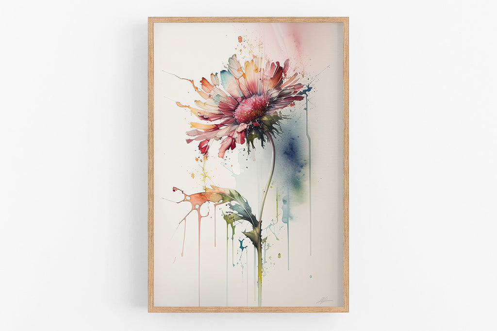 The image is a vibrant and colorful painting of a flower, with splashes of various colors and textures creating a dynamic and lively composition.