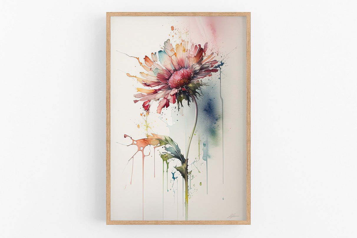 The image is a vibrant and colorful painting of a flower, with splashes of various colors and textures creating a dynamic and lively composition.