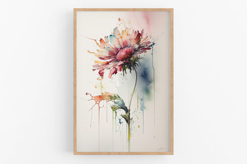 The image is a vibrant and colorful painting of a flower, with splashes of various colors and textures creating a dynamic and lively composition.