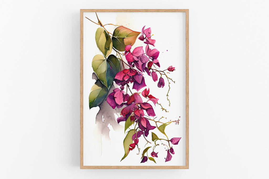 The image is a framed watercolor painting depicting a branch with vibrant pink flowers and lush green leaves.