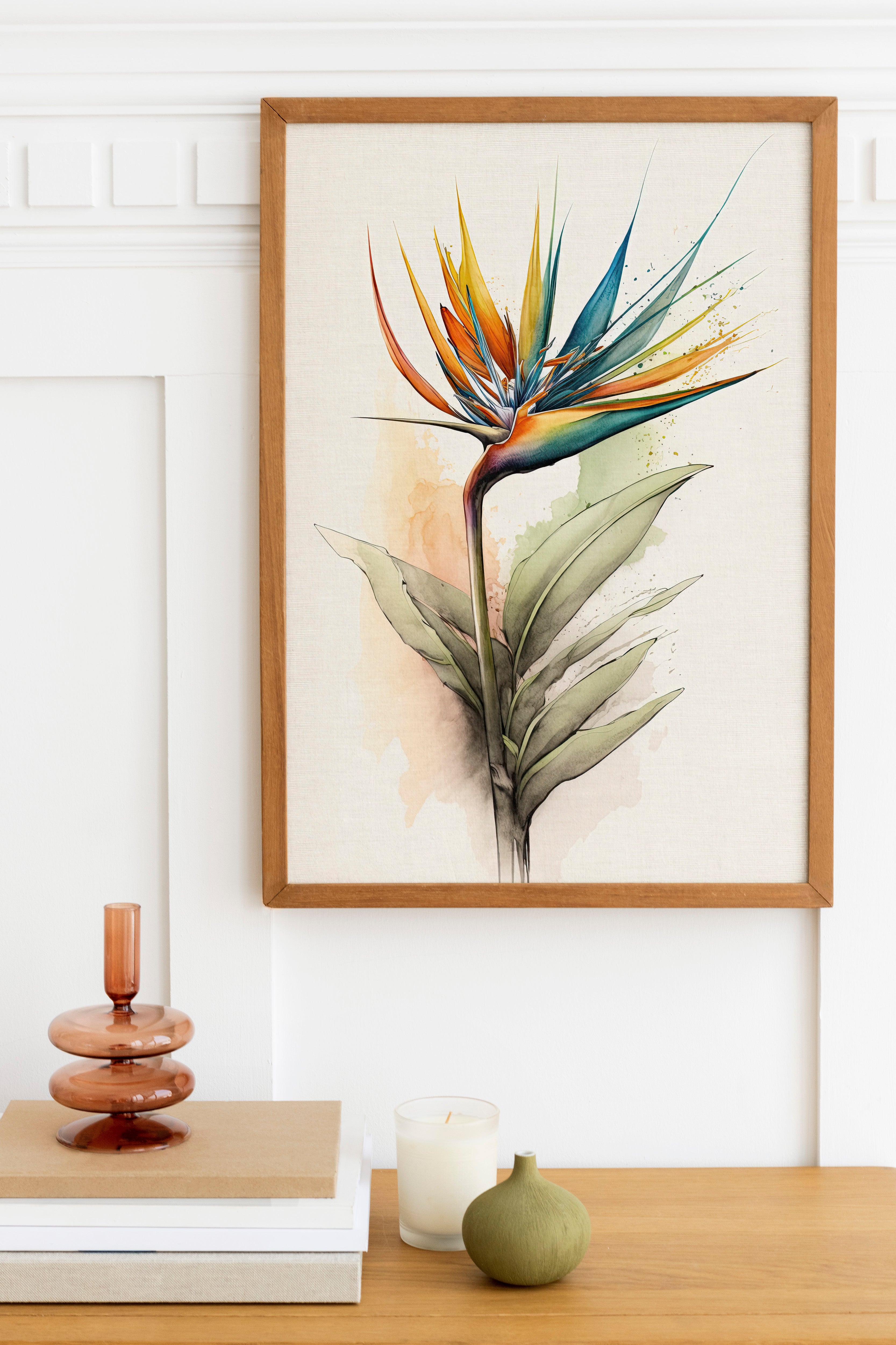 a framed painting of a colorful bird, likely a tropical flower, hanging on a wall above a wooden table with various decorative items on it.