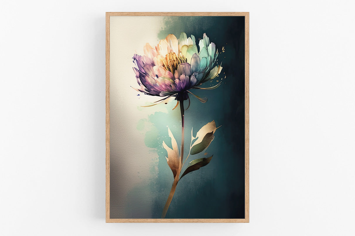 A framed painting depicting a vibrant, multi-colored flower with a long stem and delicate petals.