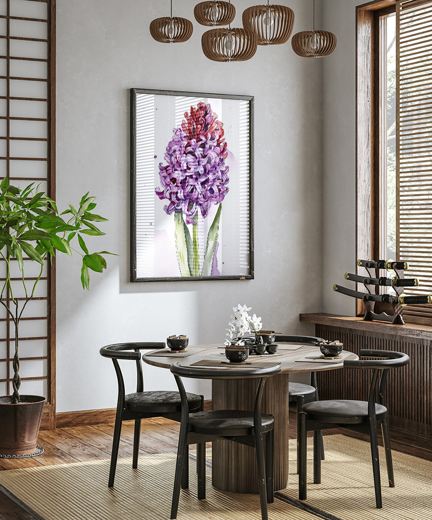 a modern dining room with a wooden table and chairs, a large framed picture of a purple flower hanging on the wall, and a potted plant on the left side of the room.