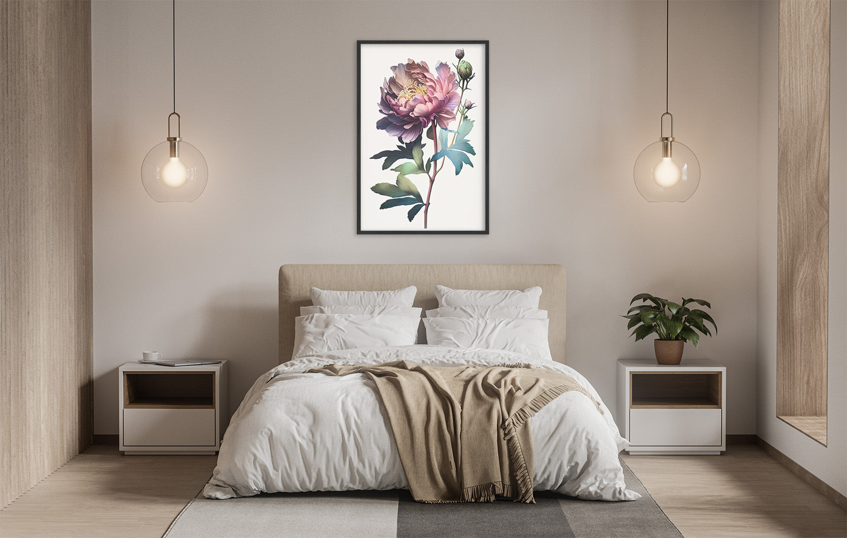 a serene and modern bedroom with a large bed, white bedding, and a framed floral artwork hanging above it. The room is illuminated by two pendant lights, creating a warm and inviting atmosphere.