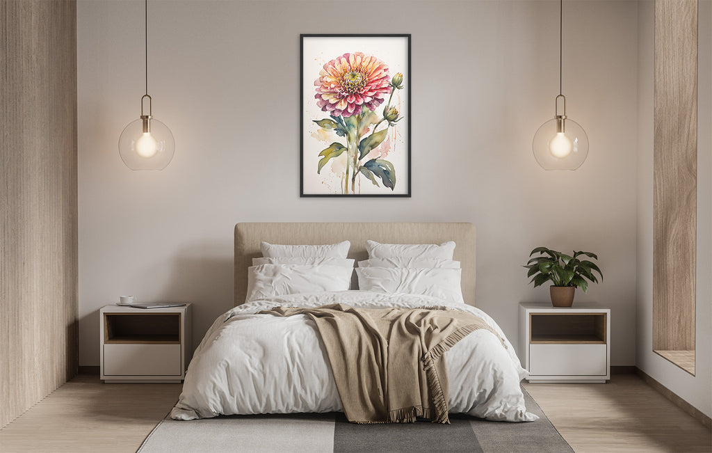 a serene and modern bedroom with a large bed, white bedding, and a framed watercolor painting of a flower hanging above it. The room is illuminated by two pendant lights, creating a warm and inviting atmosphere.