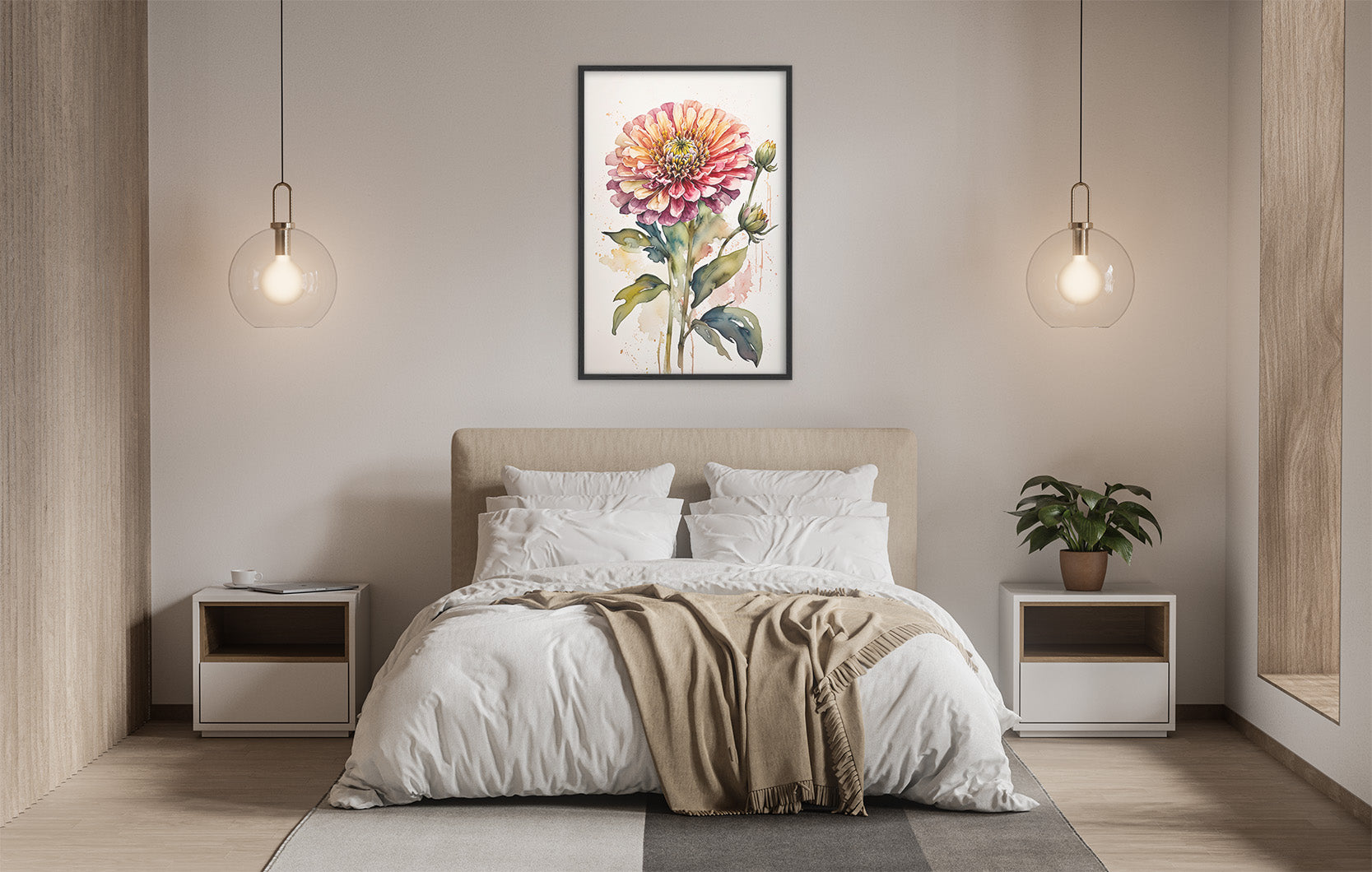 a serene and modern bedroom with a large bed, white bedding, and a framed watercolor painting of a flower hanging above it. The room is illuminated by two pendant lights, creating a warm and inviting atmosphere.