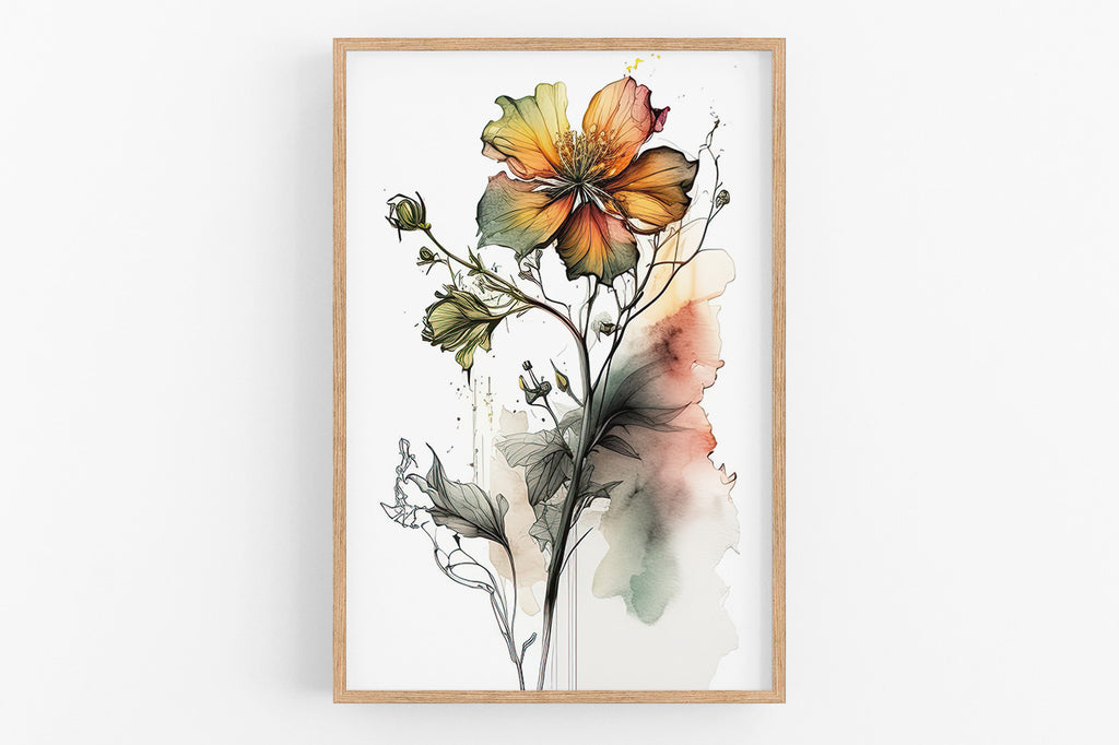 The image is a framed watercolor painting depicting a vibrant, colorful flower with intricate details and a lush, green stem.