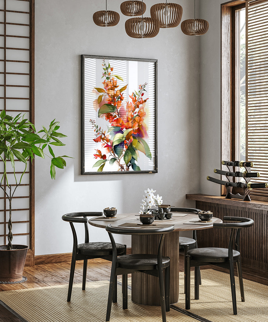 a modern dining room with a round wooden table surrounded by black chairs. A large floral painting hangs on the wall above the table, and a potted plant is placed on the left side of the room. The room has a minimalist and elegant design, with a wooden floor and a large window providing natural light.