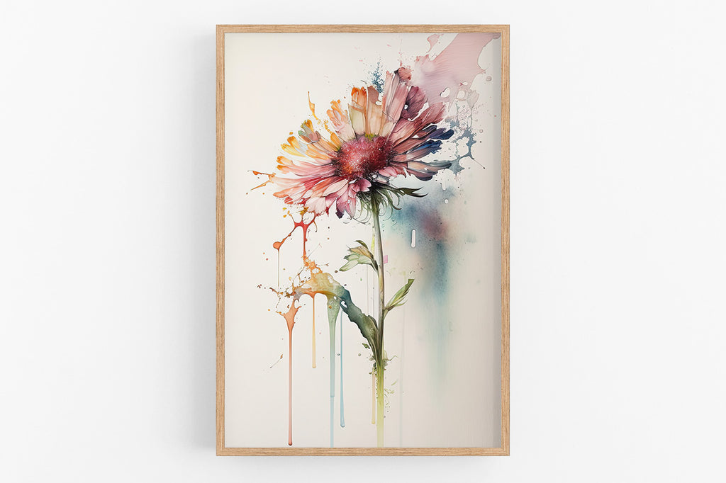 The image is a framed watercolor painting depicting a vibrant, colorful flower with a large center surrounded by petals in various shades of pink, orange, yellow, and green.