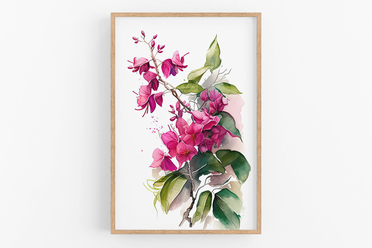 The image is a framed watercolor painting depicting a branch with pink flowers and green leaves.