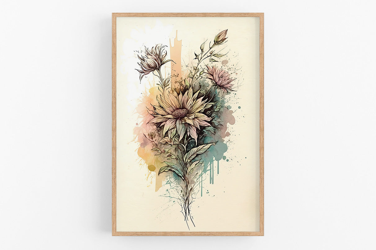 The image is a framed print depicting a vibrant bouquet of flowers, including sunflowers and other blooms, with splashes of color and texture throughout the composition.