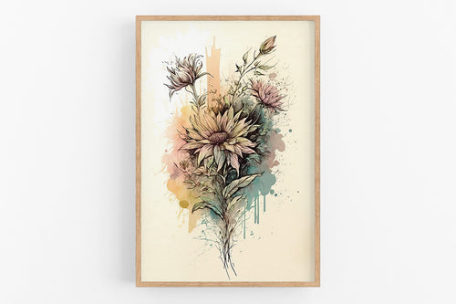 The image is a framed print depicting a vibrant bouquet of flowers, including sunflowers and other blooms, with splashes of color and texture throughout the composition.