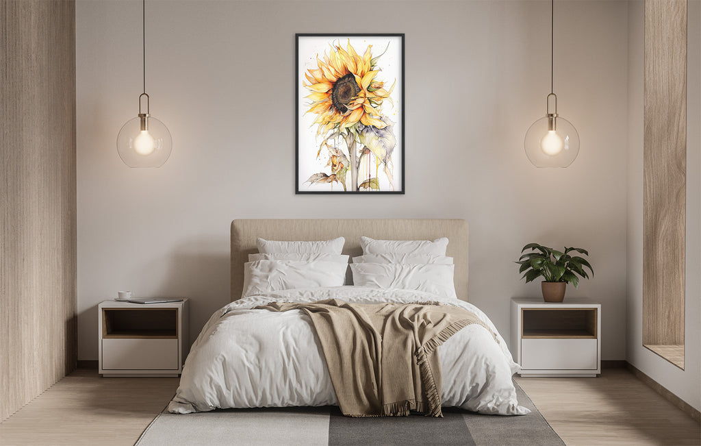 a serene and modern bedroom with a large bed, white bedding, and a framed painting of a sunflower hanging above it. The room is illuminated by two pendant lights, creating a warm and inviting atmosphere.