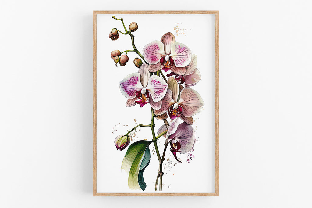 A framed print depicting a close-up of a branch with pink and white orchid flowers and green leaves.