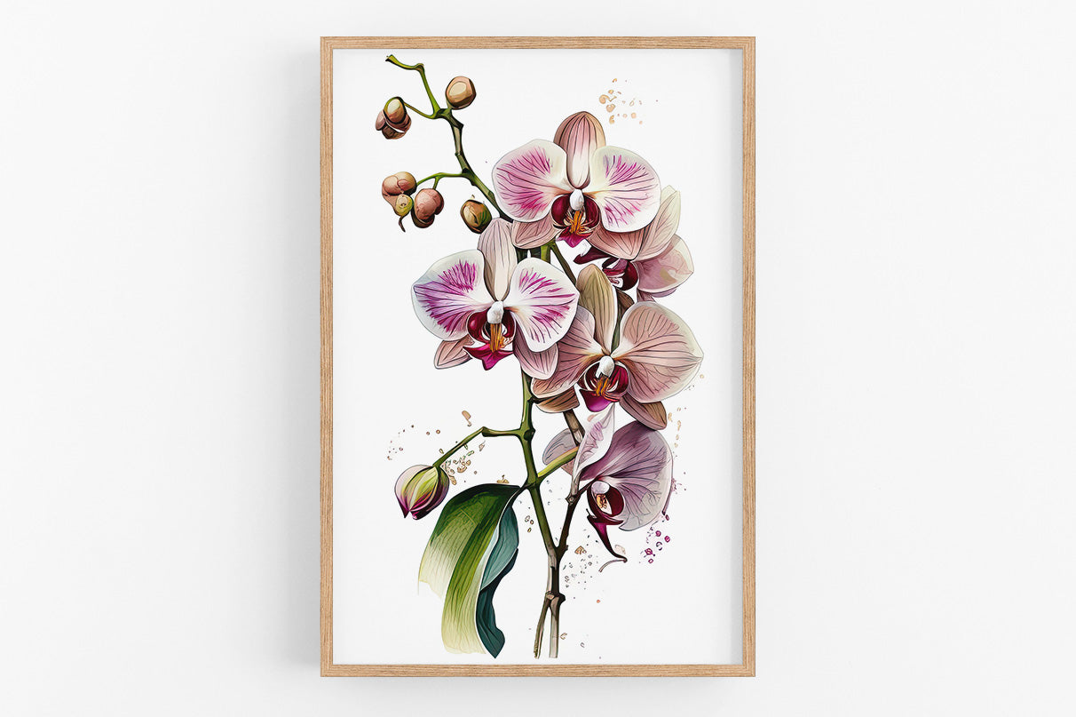 A framed print depicting a close-up of a branch with pink and white orchid flowers and green leaves.