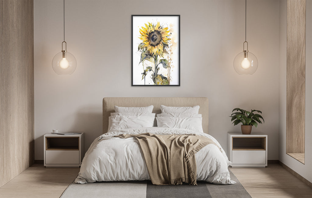 a serene and modern bedroom with a large bed, white bedding, and a framed watercolor painting of a sunflower hanging above it. The room is illuminated by two pendant lights, creating a warm and inviting atmosphere.