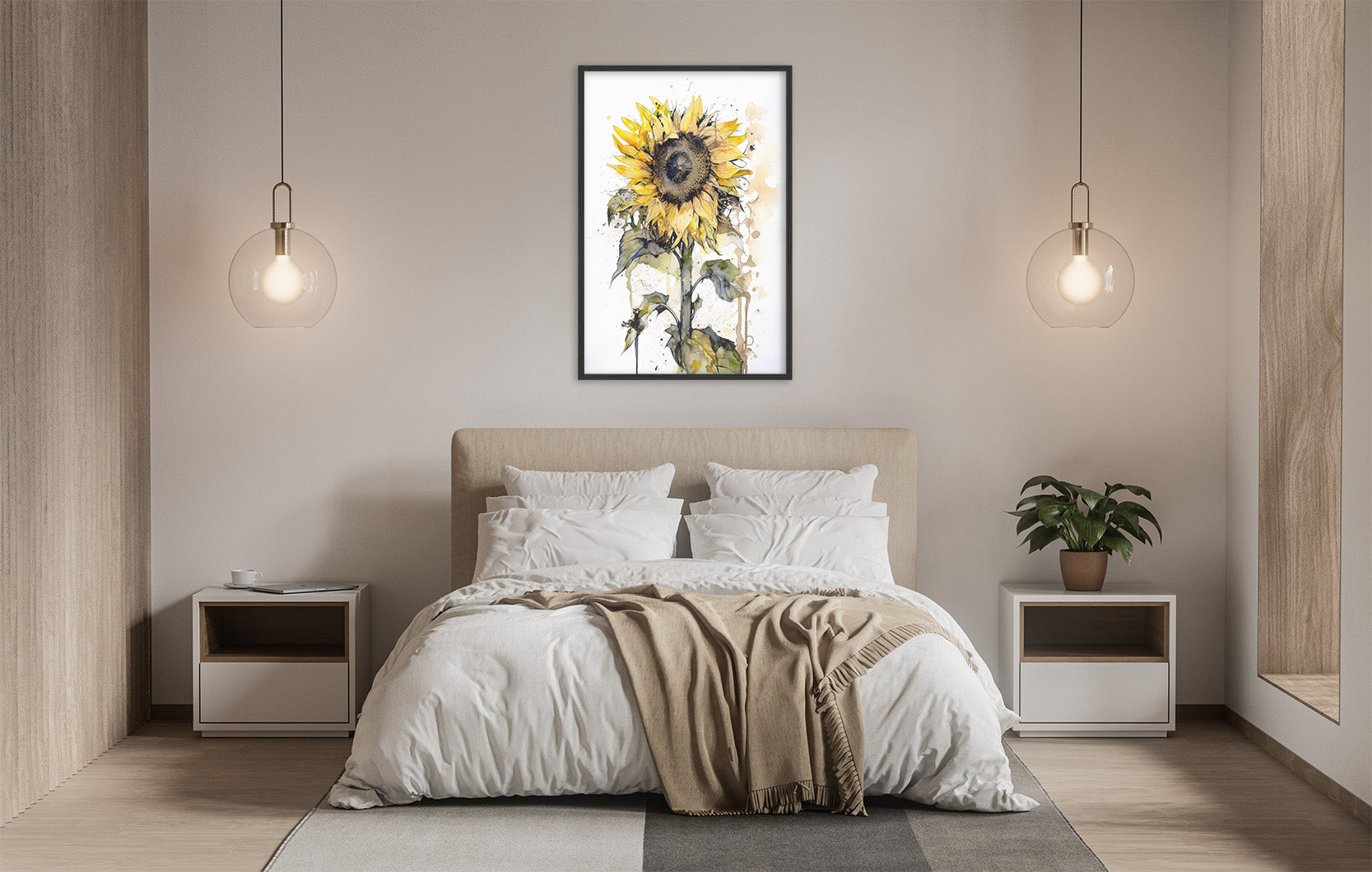 a serene and modern bedroom with a large bed, white bedding, and a framed watercolor painting of a sunflower hanging above it. The room is illuminated by two pendant lights, creating a warm and inviting atmosphere.