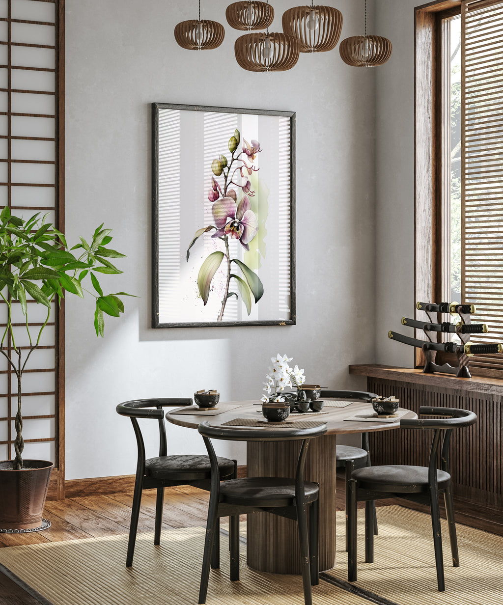 a modern dining room with a round wooden table surrounded by black chairs. A large painting of a flower hangs on the wall above the table, and a chandelier hangs from the ceiling. The room is decorated with a potted plant, a vase of flowers, and a set of wine glasses.