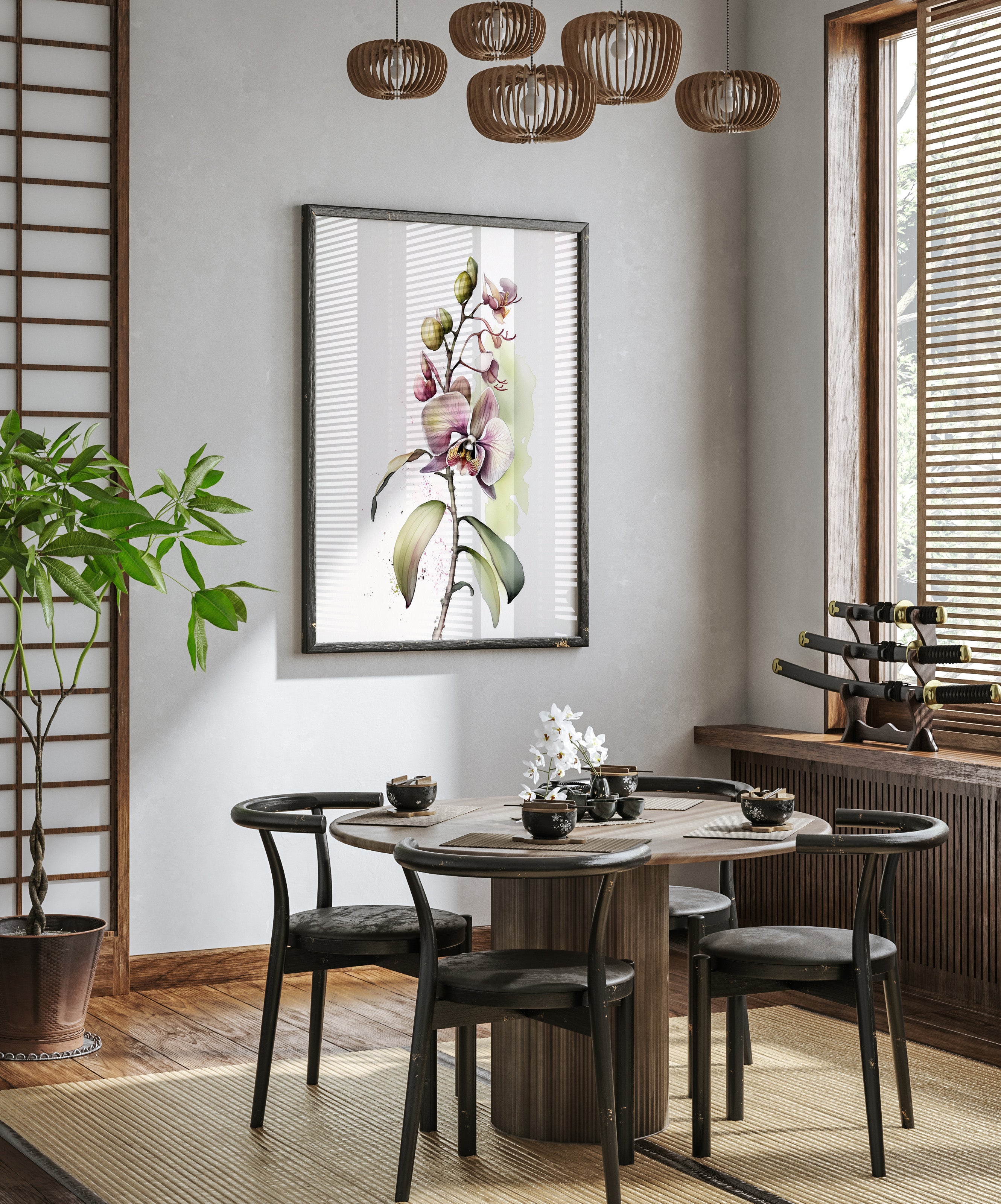 a modern dining room with a round wooden table surrounded by black chairs. A large painting of a flower hangs on the wall above the table, and a chandelier hangs from the ceiling. The room is decorated with a potted plant, a vase of flowers, and a set of wine glasses.