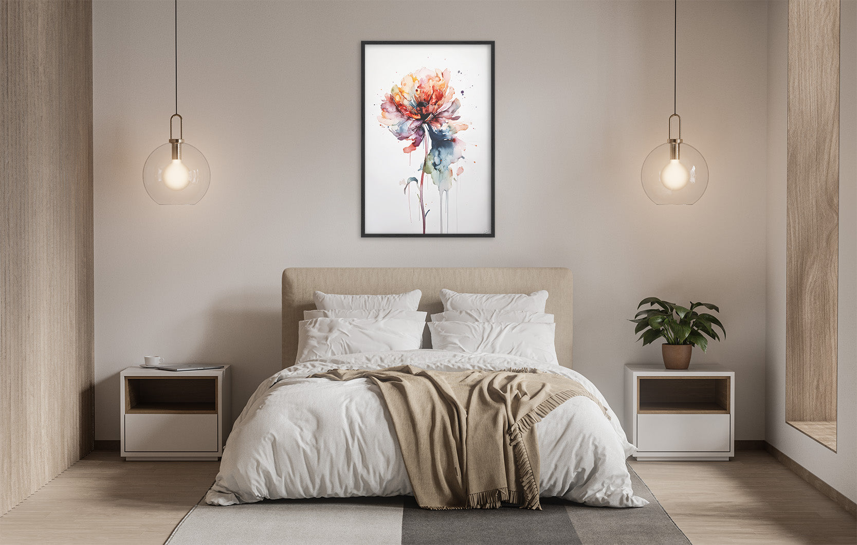 a serene and modern bedroom with a large bed, white bedding, and a framed watercolor painting of a flower hanging above it. The room is illuminated by two pendant lights, creating a warm and inviting atmosphere.