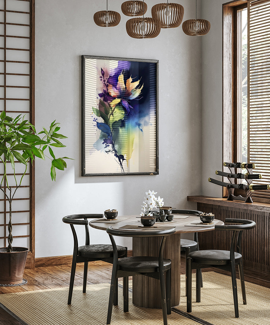 a modern dining room with a wooden table and chairs, a large abstract painting hanging on the wall, and a potted plant on the left side of the room.