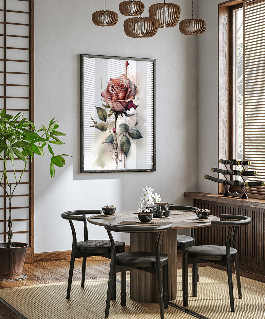 a modern dining room with a wooden table and chairs, a large framed painting of a rose hanging on the wall, and a potted plant on the left side of the room.