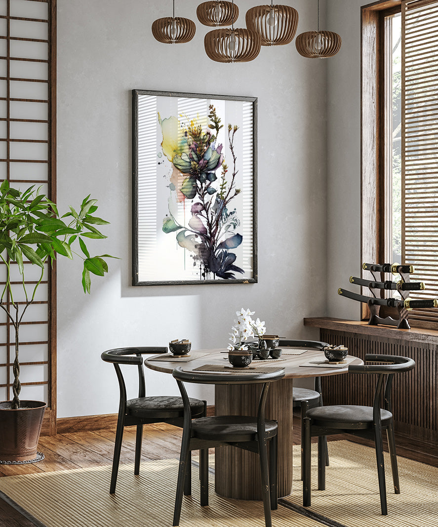 a modern dining room with a round wooden table surrounded by black chairs. A large floral painting hangs on the wall above the table, and a chandelier hangs from the ceiling. The room is decorated with various plants and other decorative elements, creating a stylish and inviting atmosphere.