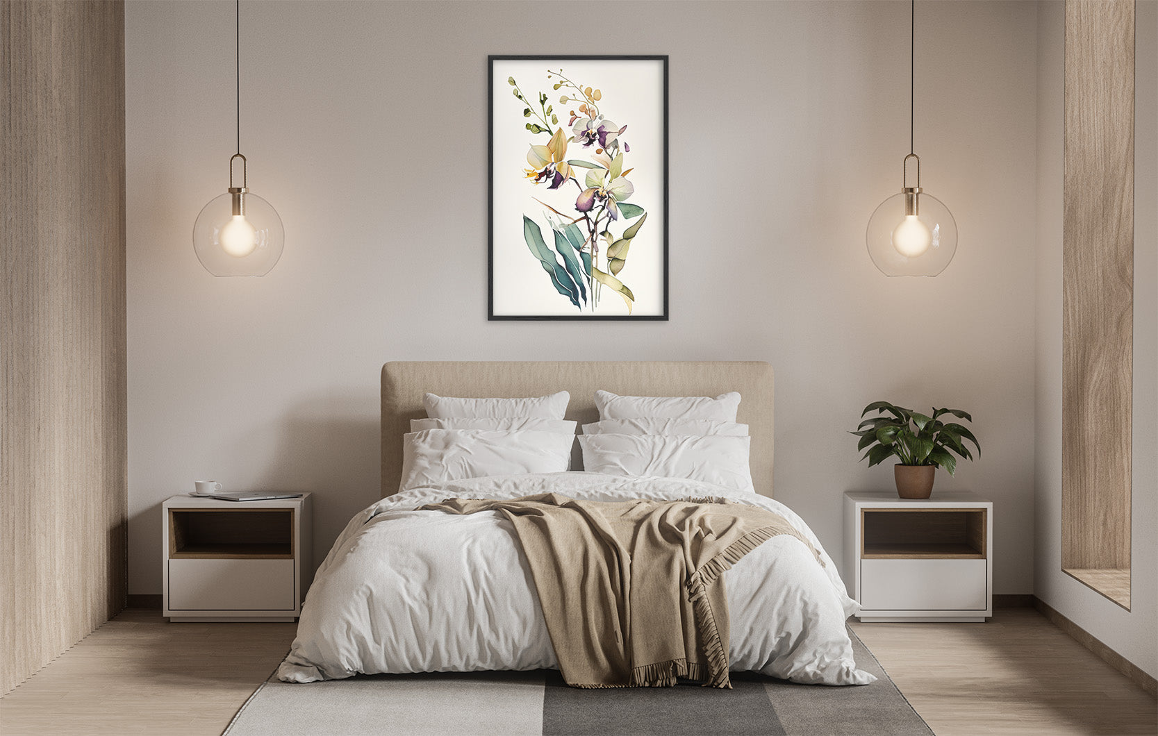 a serene and modern bedroom with a large bed, white bedding, and a framed floral artwork hanging above it. The room is illuminated by two pendant lights, creating a warm and inviting atmosphere.