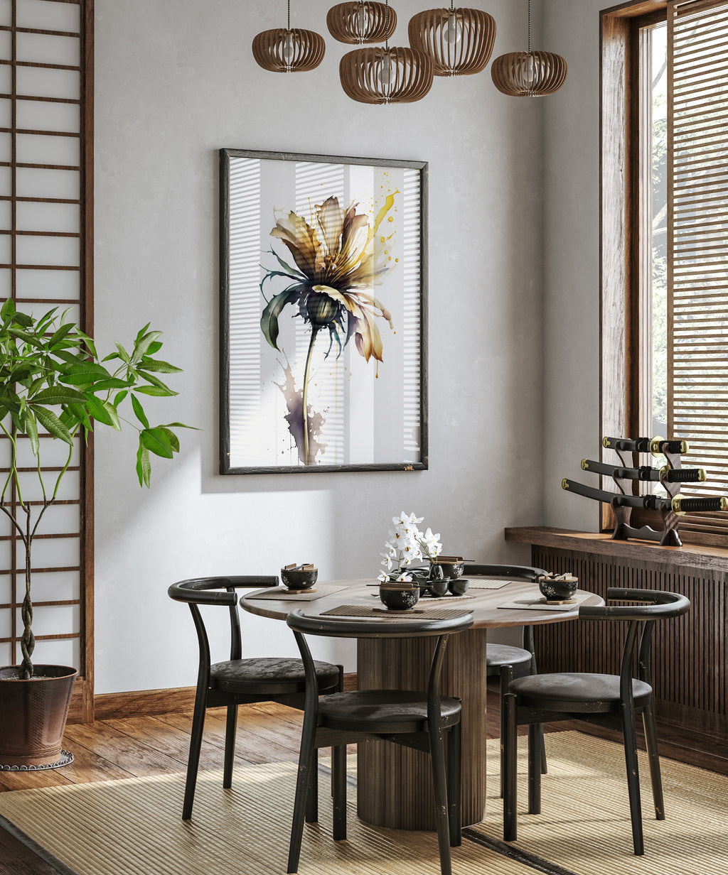 a modern dining room with a round wooden table, four black chairs, and a large painting of a flower hanging on the wall above the table.