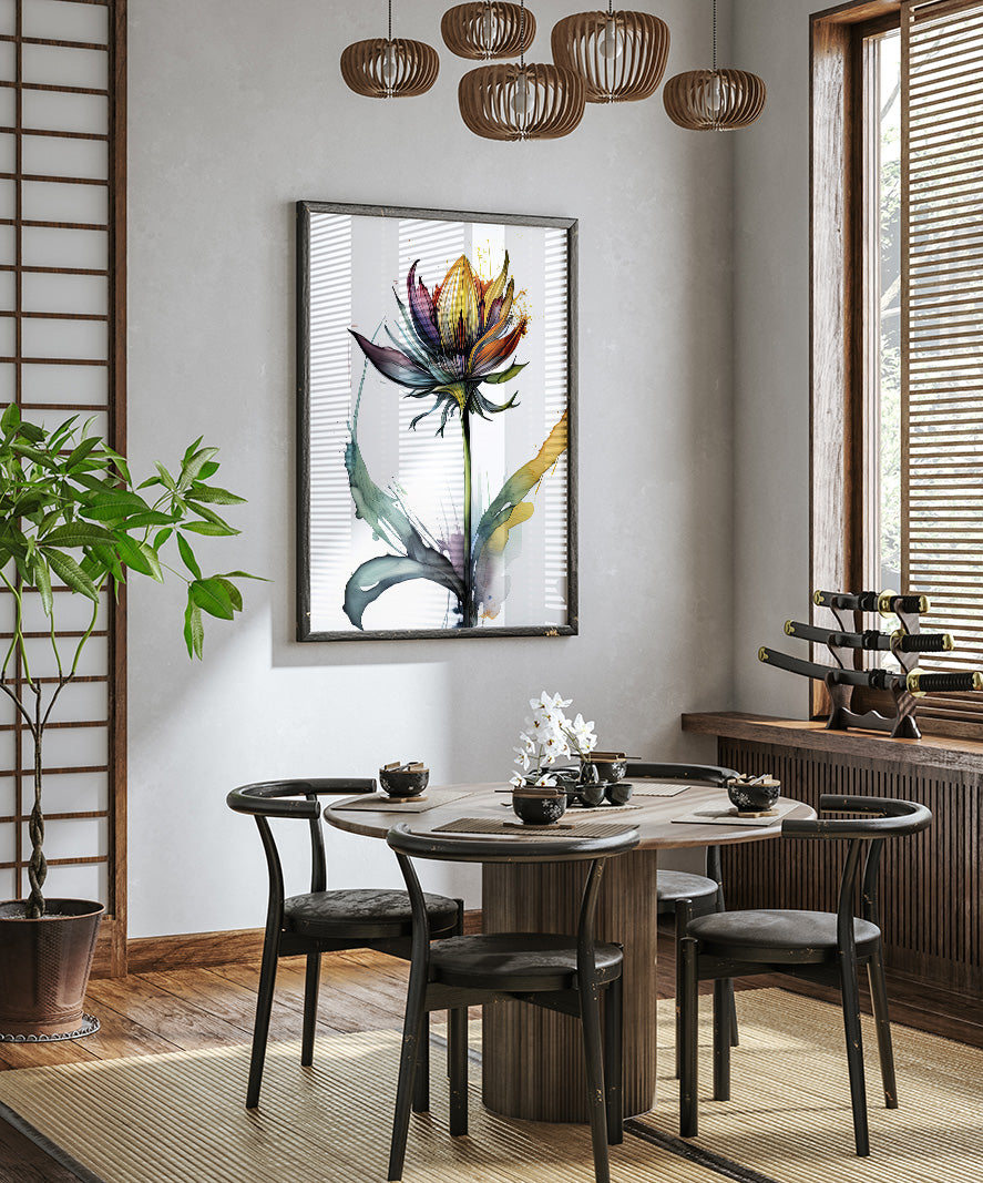 a modern dining room with a round wooden table surrounded by black chairs. A large, colorful painting of a flower hangs on the wall above the table. The room is decorated with wooden furniture, including a wooden cabinet and a wooden shelf. A potted plant is placed on the floor, and a window with blinds is visible on the wall.