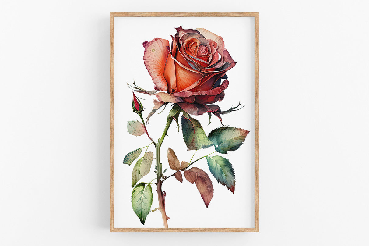 A framed print of a vibrant red rose with lush green leaves and a single pink bud.