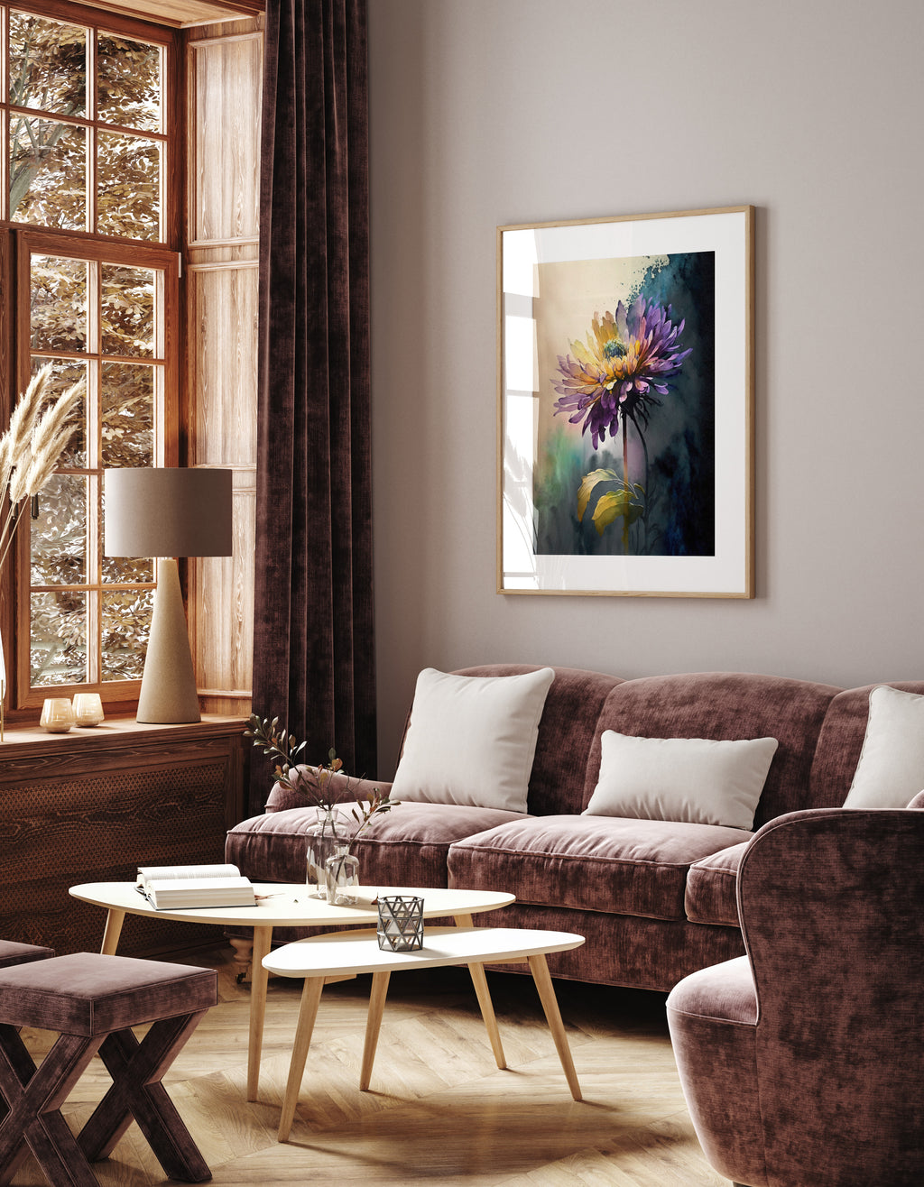a cozy living room with a large window, a brown sofa, a wooden coffee table, and a framed painting of a flower on the wall.
