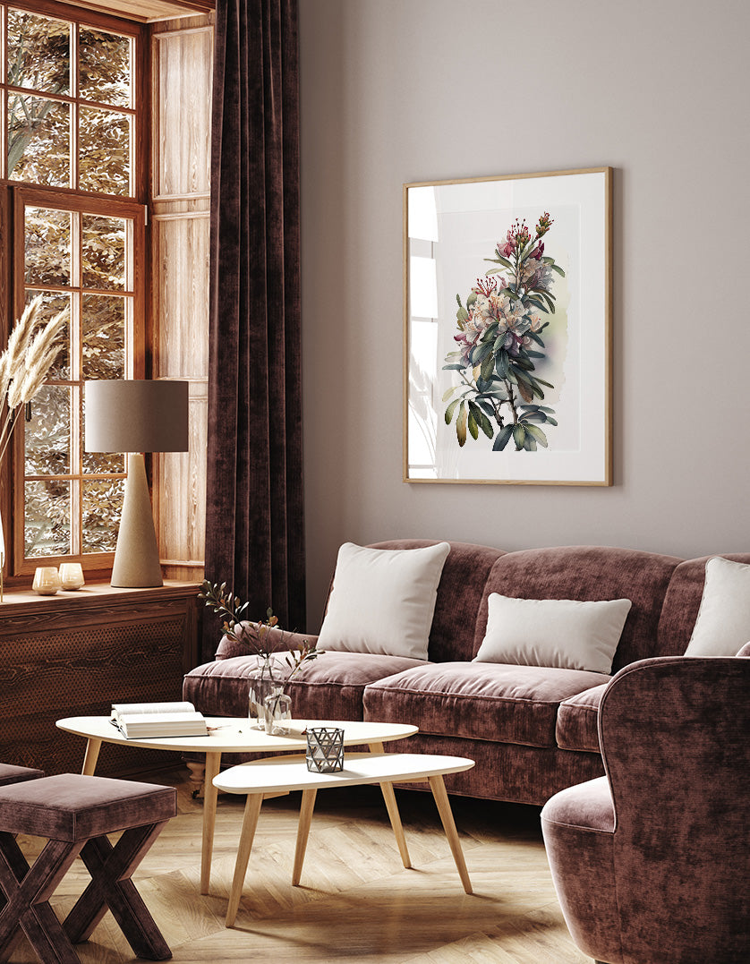 a cozy living room with a large window, a brown sofa, a wooden coffee table, and a framed painting of a floral arrangement.