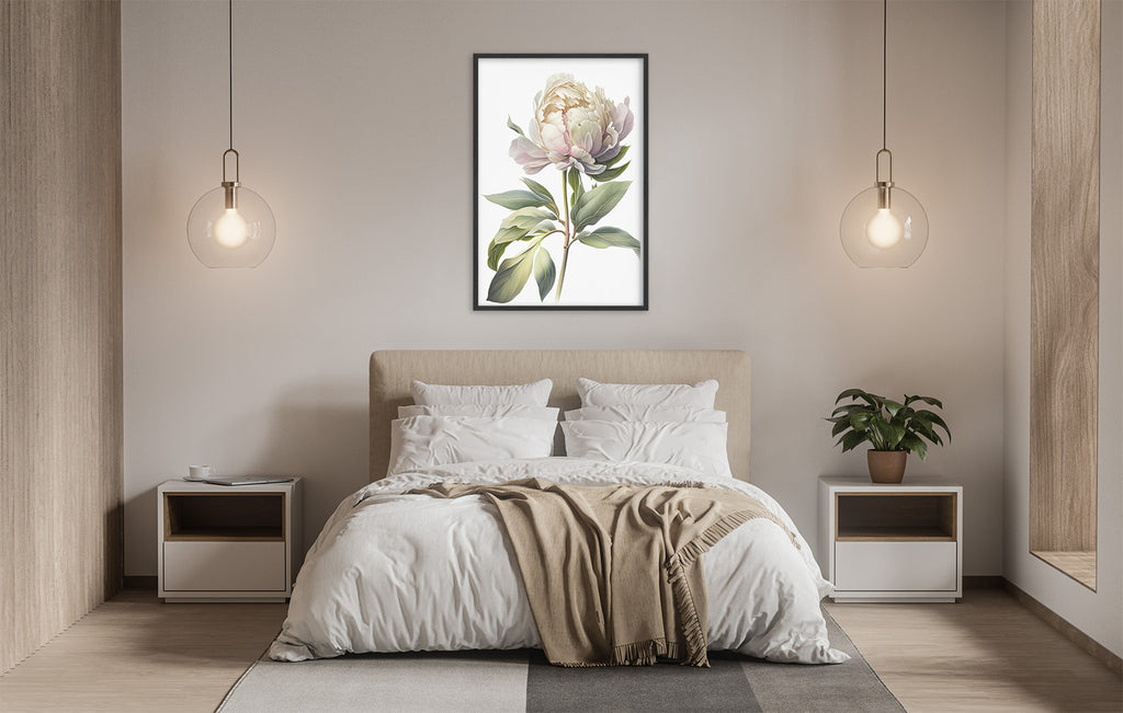 a serene and modern bedroom with a large bed, white bedding, and a framed floral artwork hanging above it. The room is illuminated by two pendant lights, creating a warm and inviting atmosphere.